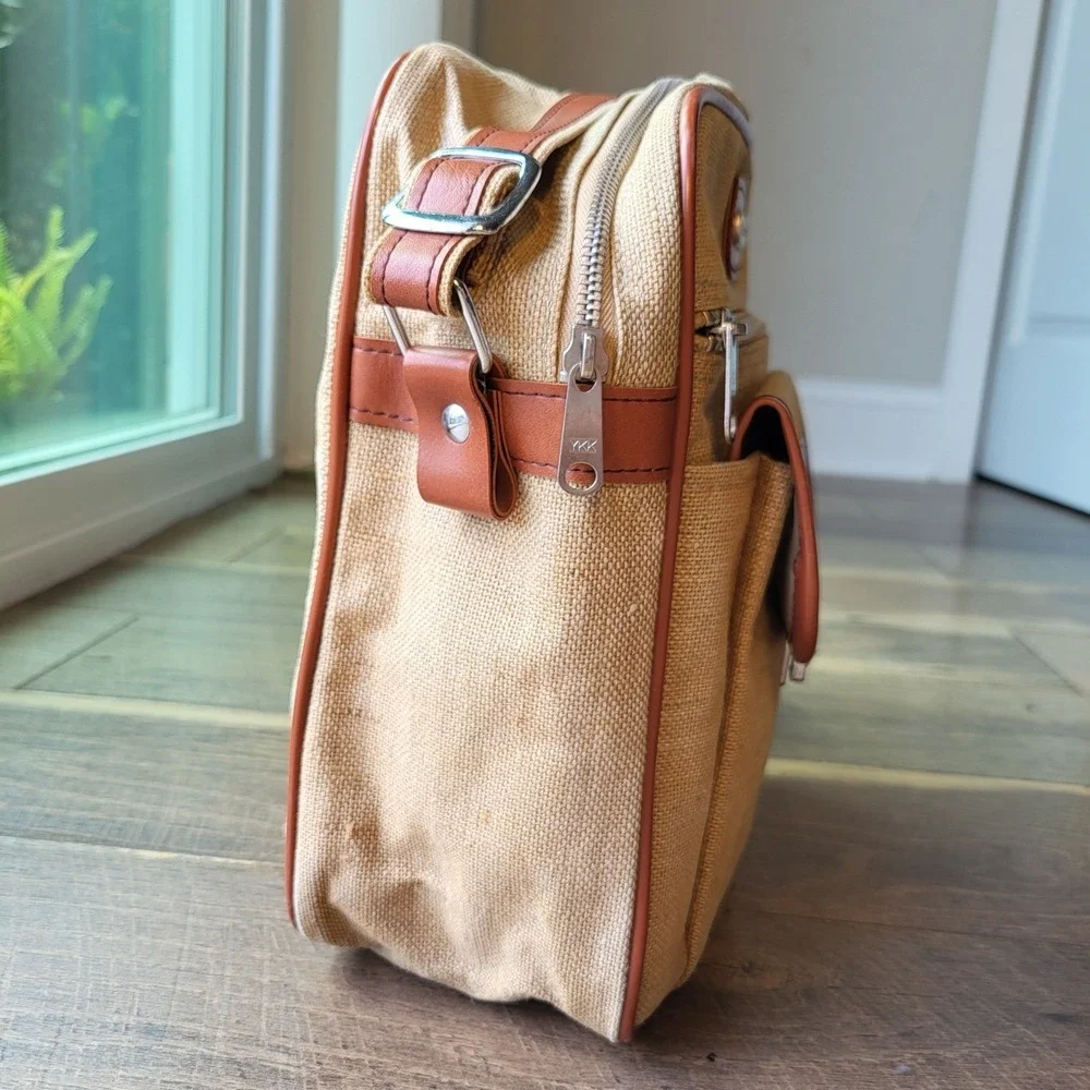 Samsonite Vintage Tan Canvas Crossbody Messenger Bag Brown Trim Travel Pouch